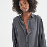 The Essential Silk Blouse in Dark Grey. On body front - Jamie Haller