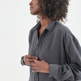 The Essential Silk Blouse in Dark Grey. On body front side - Jamie Haller