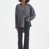The Essential Silk Blouse in Dark Grey. On body front - Jamie Haller