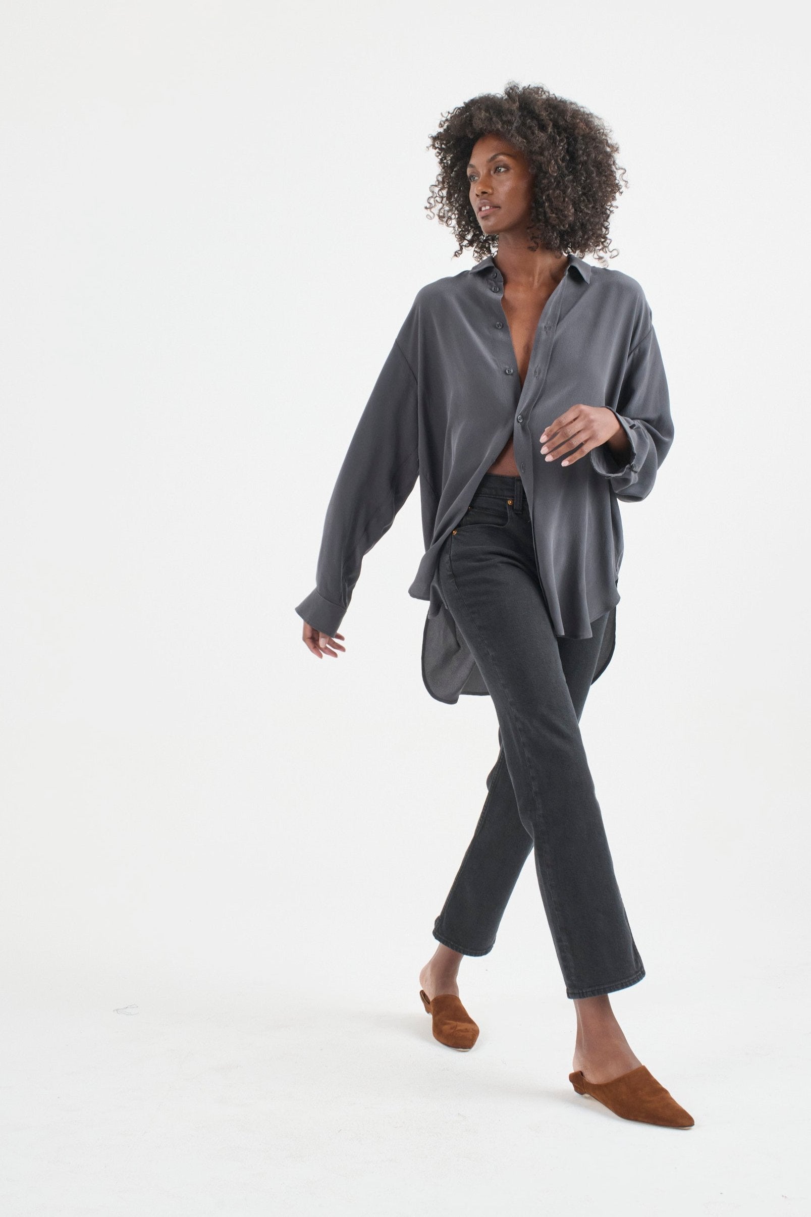 The Essential Silk Blouse in Dark Grey. On body front - Jamie Haller