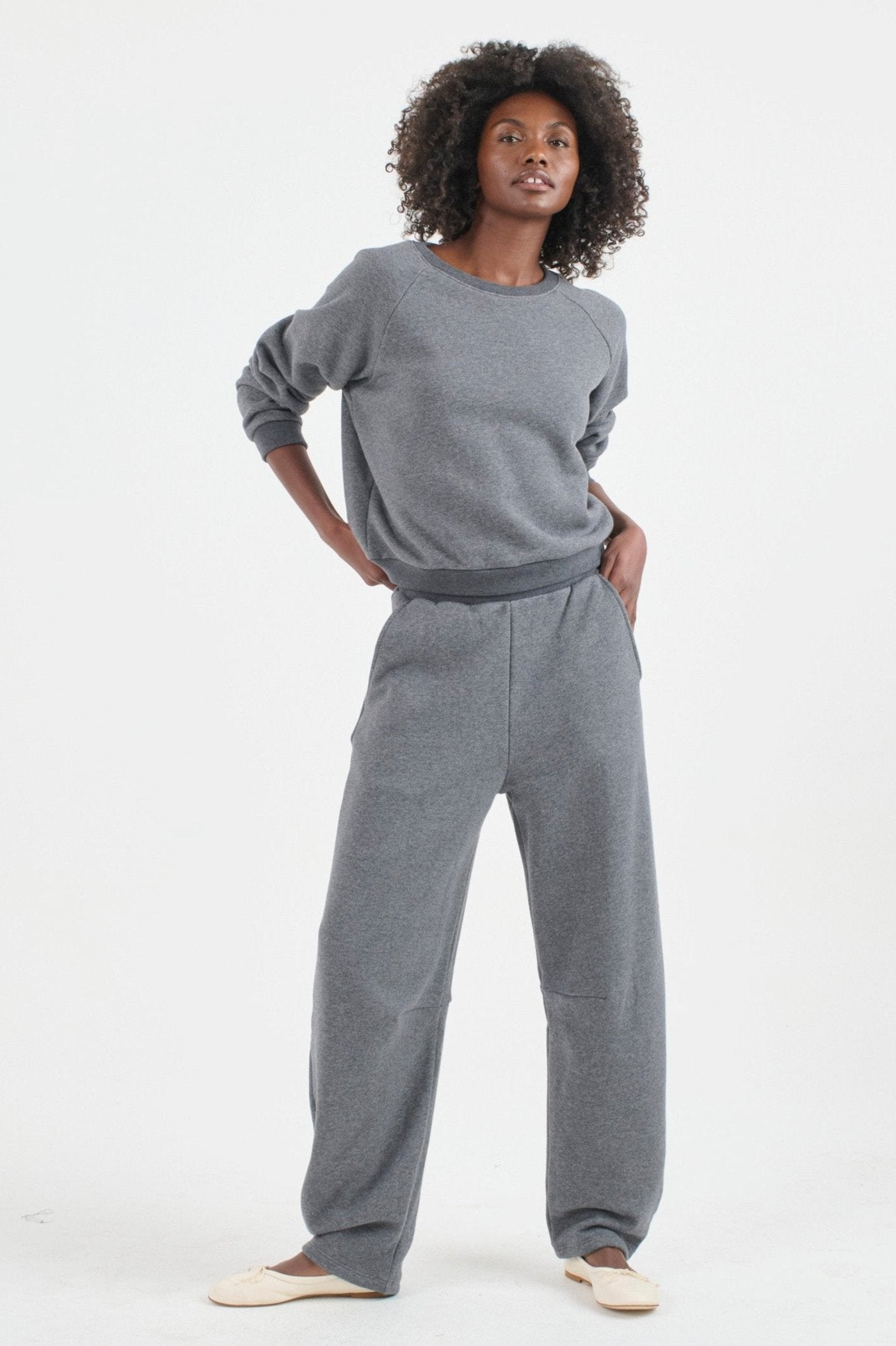 The Arc Lounge Pant in deep grey. On body front - Jamie Haller