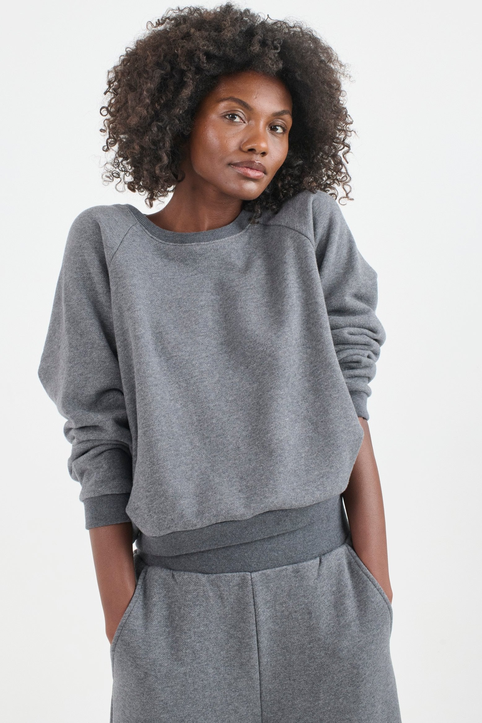 The Daily Sweatshirt in Deep Grey. On body front - Jamie Haller