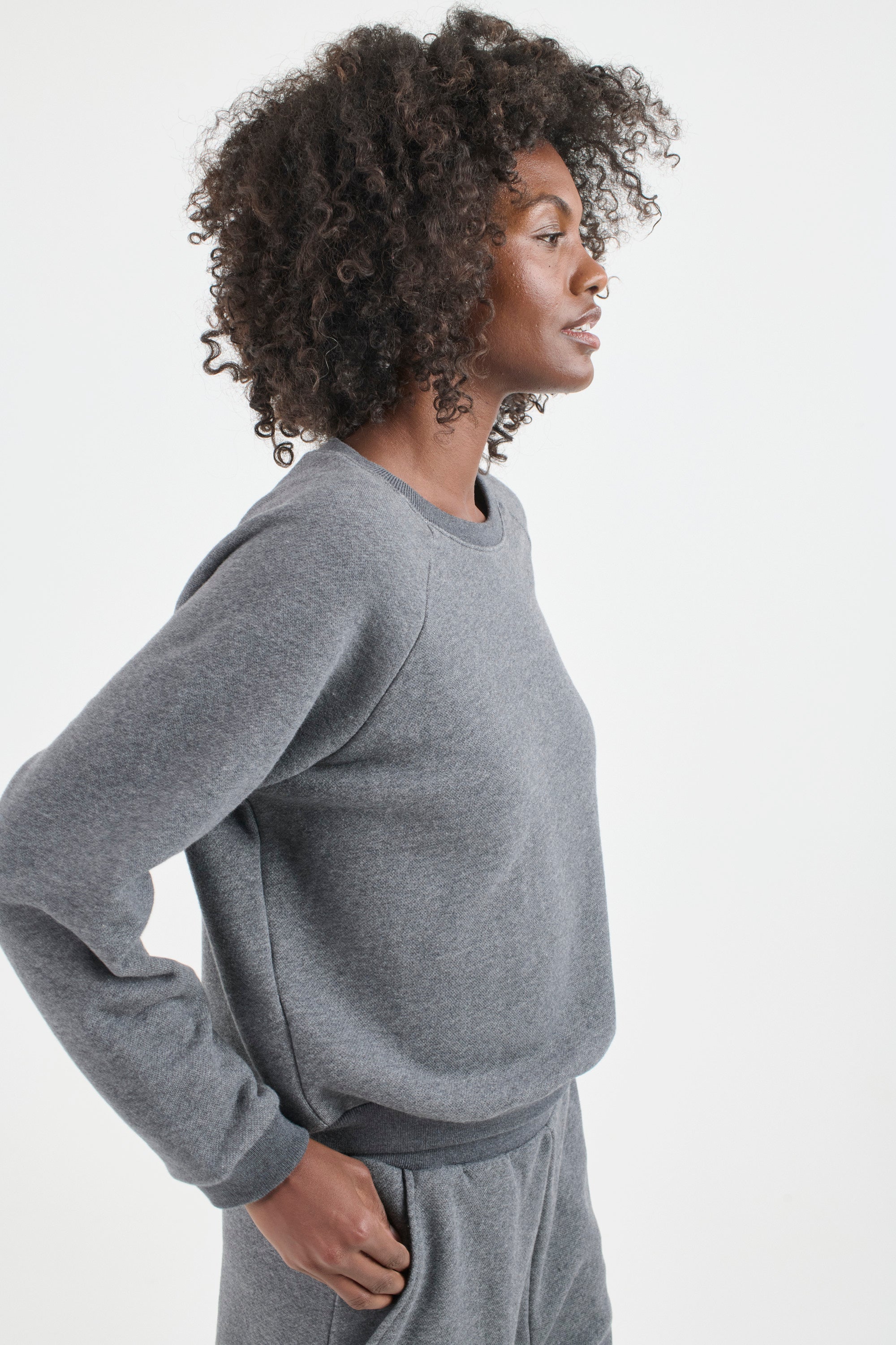 The Daily Sweatshirt in Deep Grey. On body front side - Jamie Haller