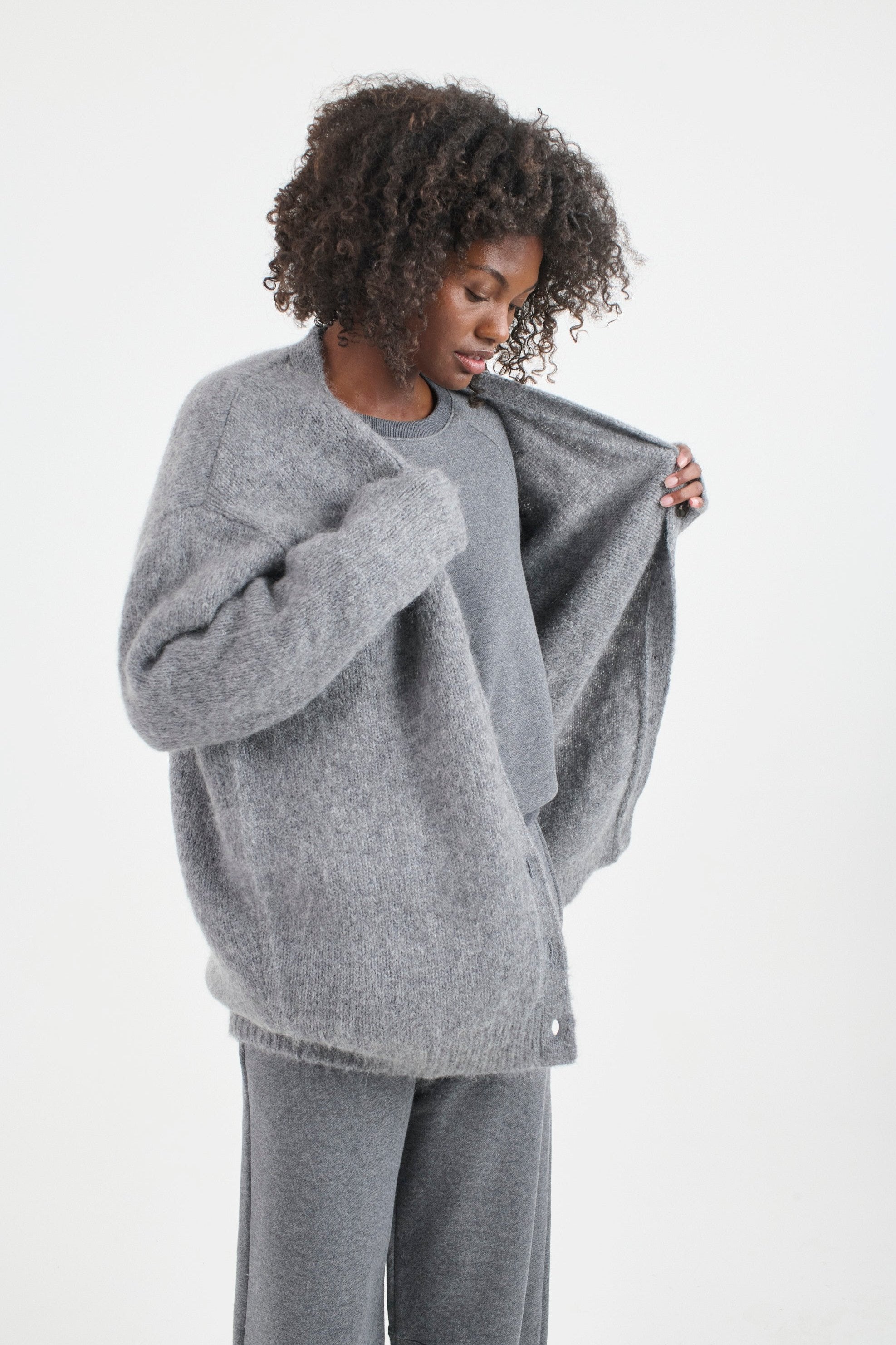 The Oversized Cardigan in Heather. On body front side - Jamie Haller