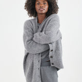 The Oversized Cardigan in Heather. On body front - Jamie Haller