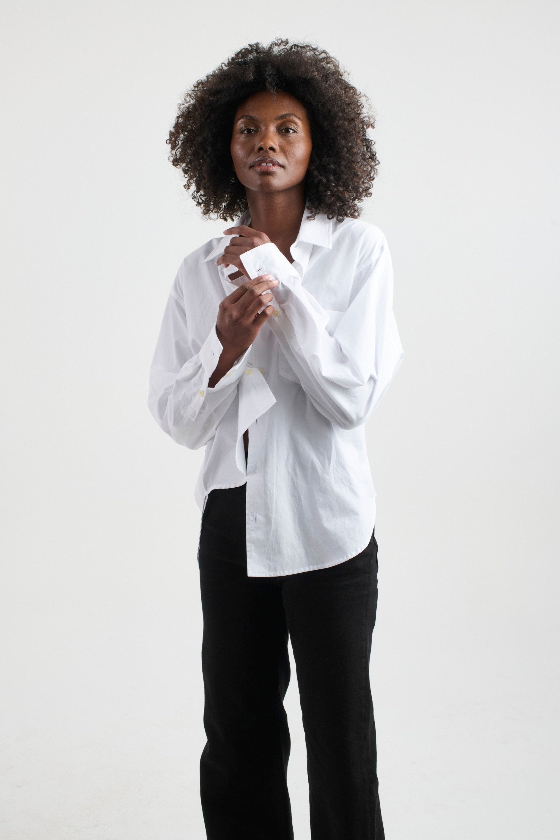 The Weekend Shirt in White. On body front - Jamie Haller