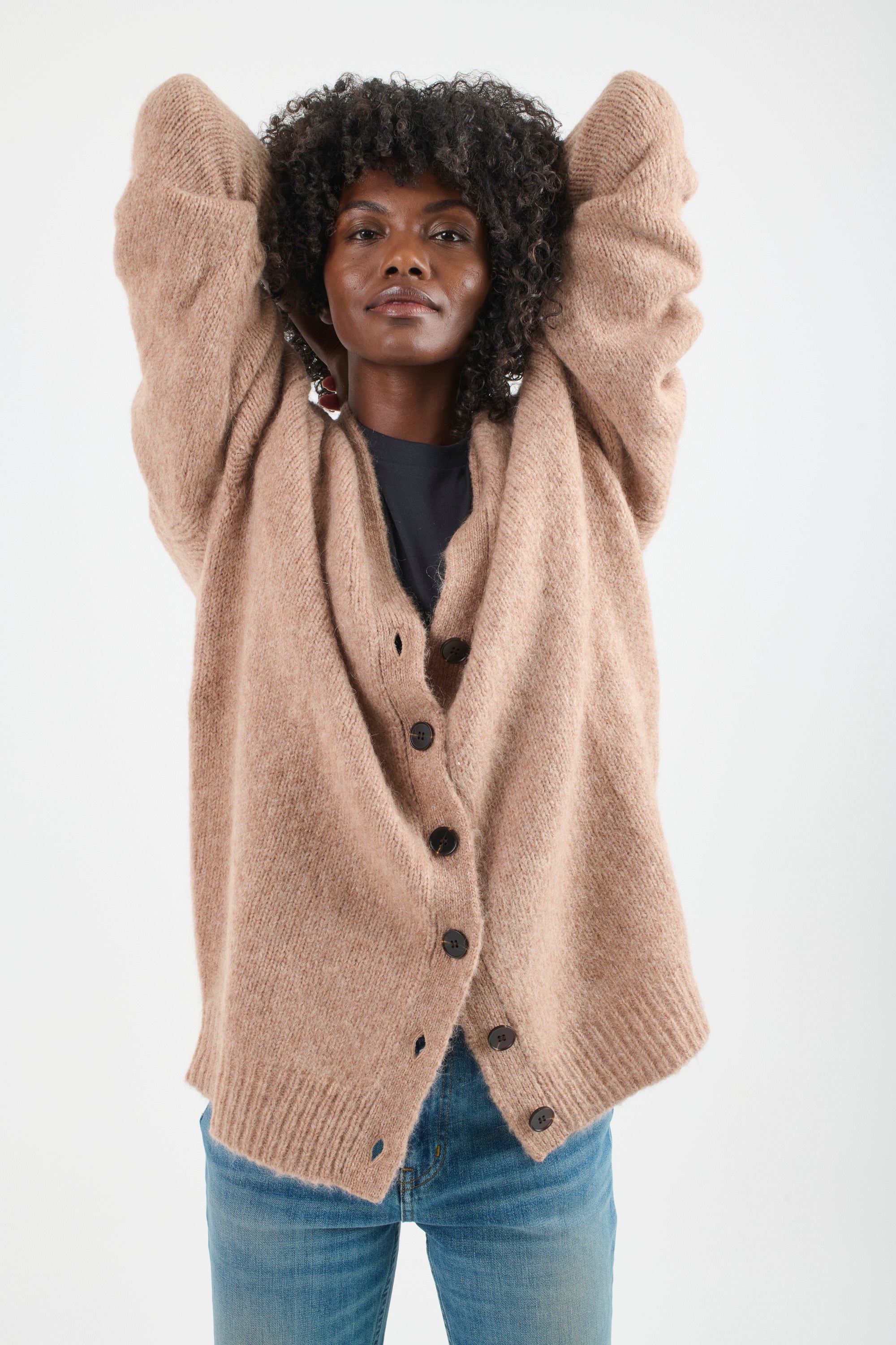 The Oversized Cardigan in Camel. On body front - Jamie Haller