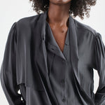 The Brooks Blouse in Dark Grey. On body front - Jamie Haller