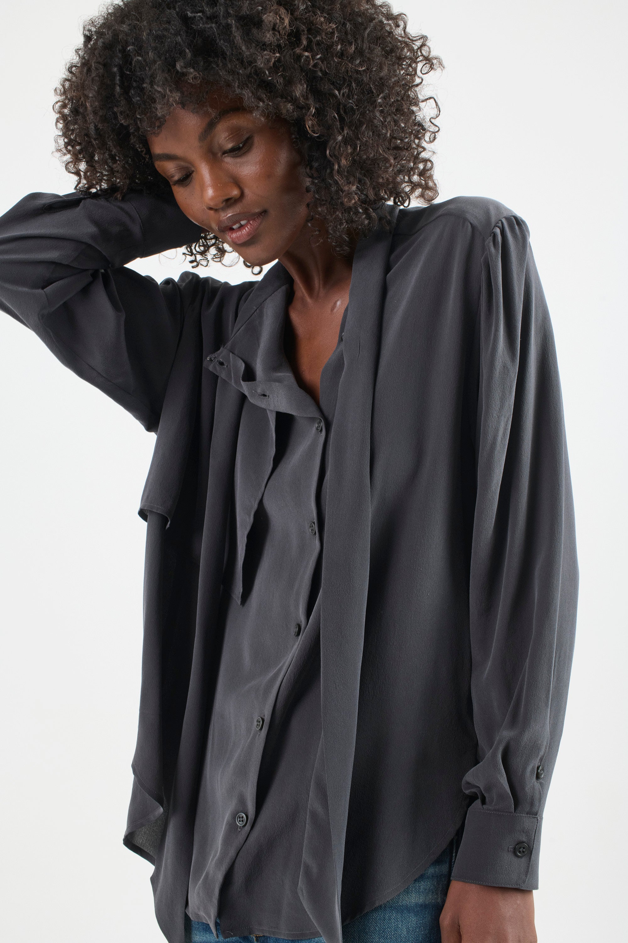 The Brooks Blouse in Dark Grey. On body front side - Jamie Haller
