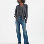 The Brooks Blouse in Dark Grey. On body front - Jamie Haller