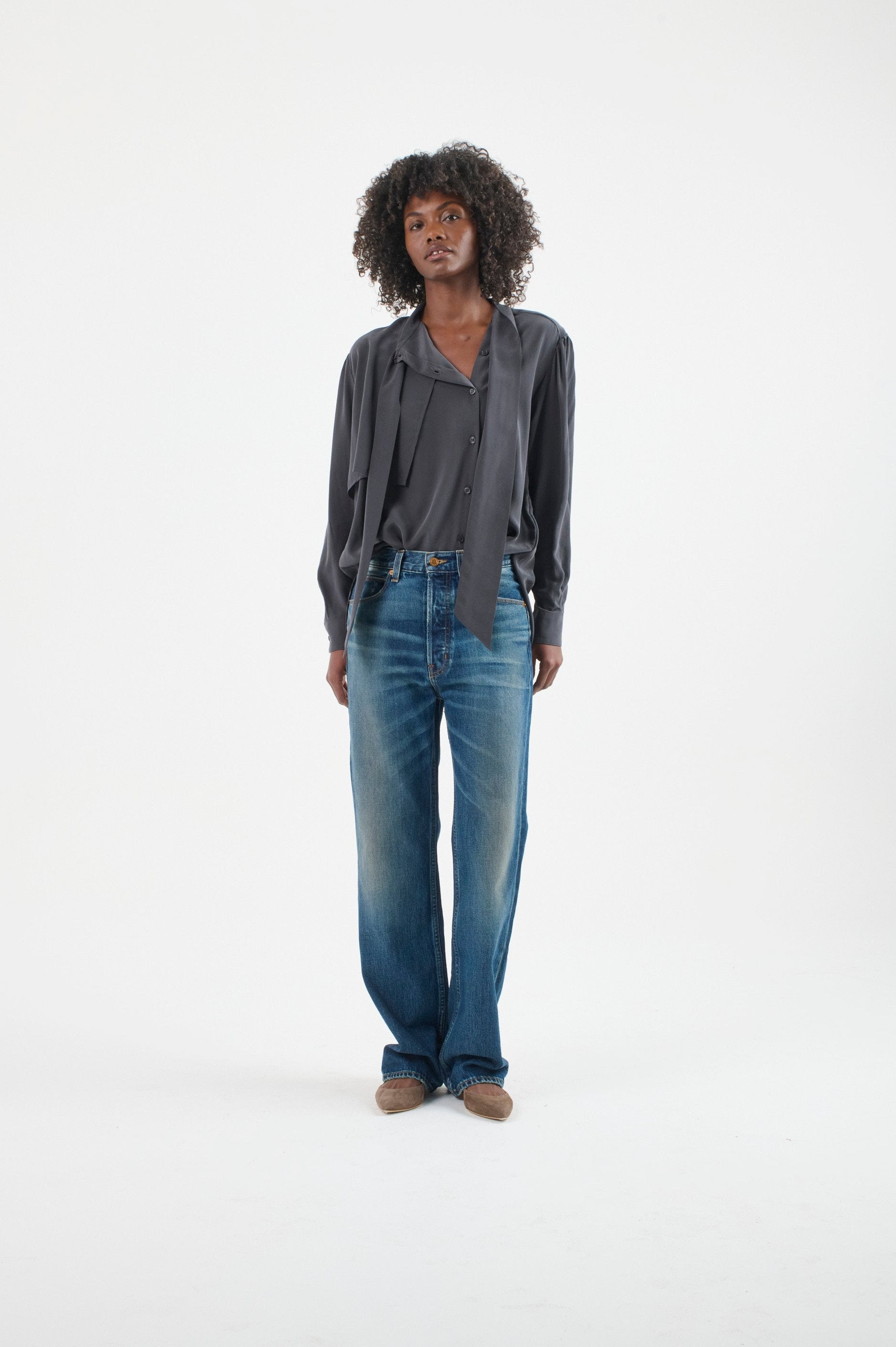 The Brooks Blouse in Dark Grey. On body front - Jamie Haller