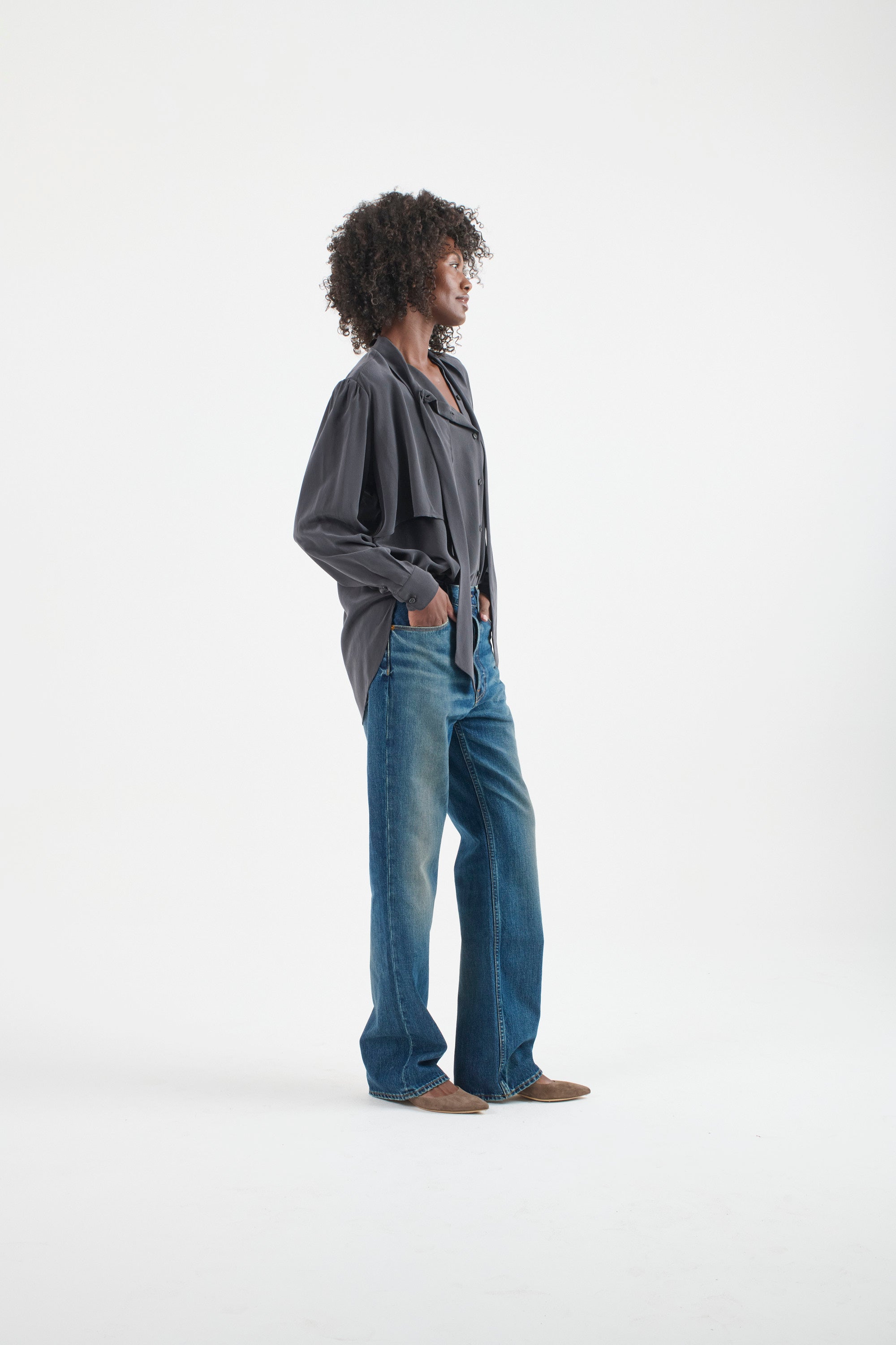 The Brooks Blouse in Dark Grey. On body front side - Jamie Haller