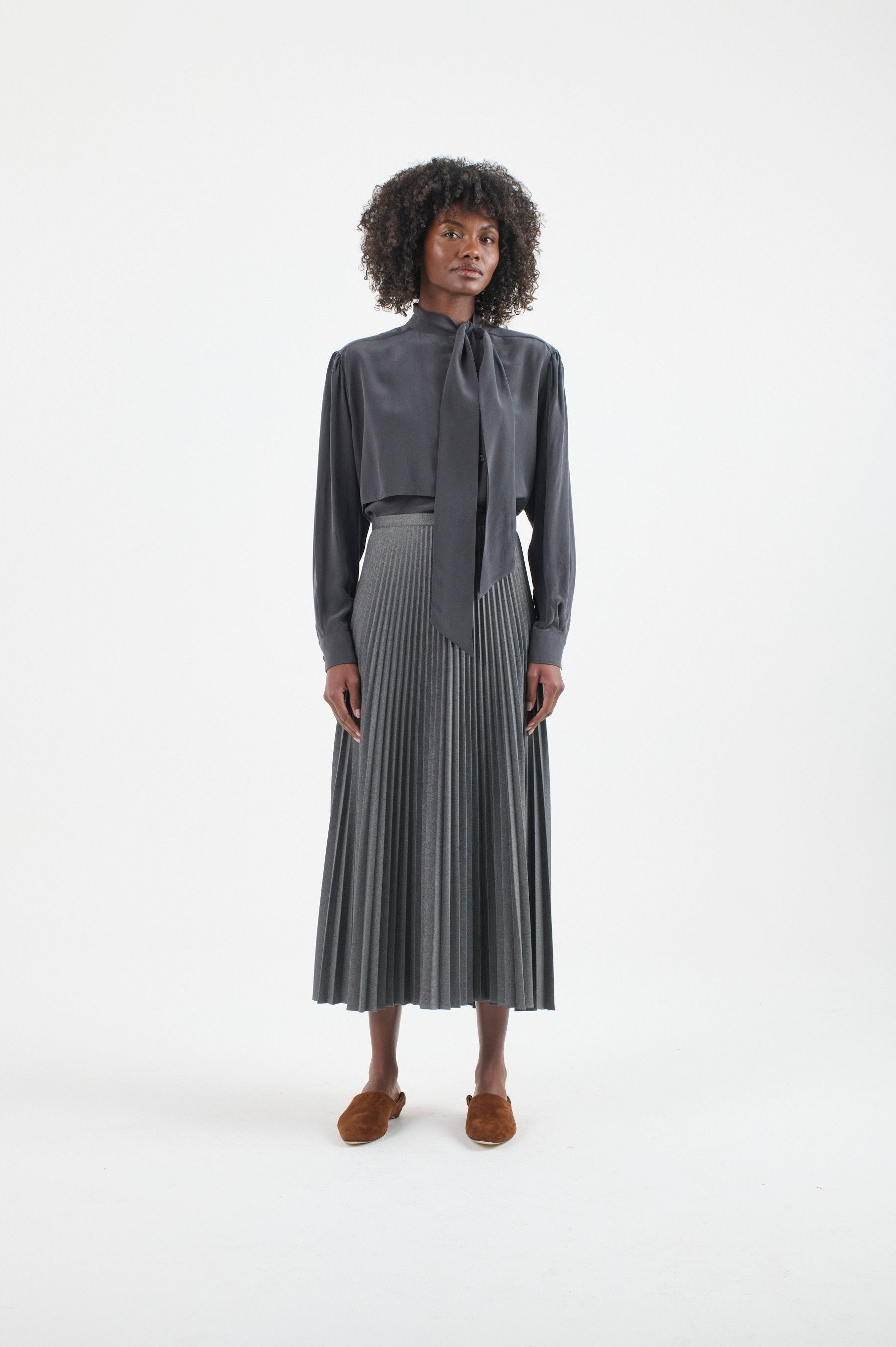 The Brooks Blouse in Dark Grey. On body front - Jamie Haller