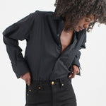 The Weekend Shirt in Black. On body front - Jamie Haller