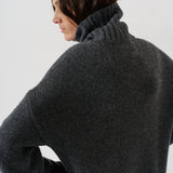 A person wearing a dark charcoal gray ribbed knit turtleneck sweater, shown from a side-back angle against a plain light background.