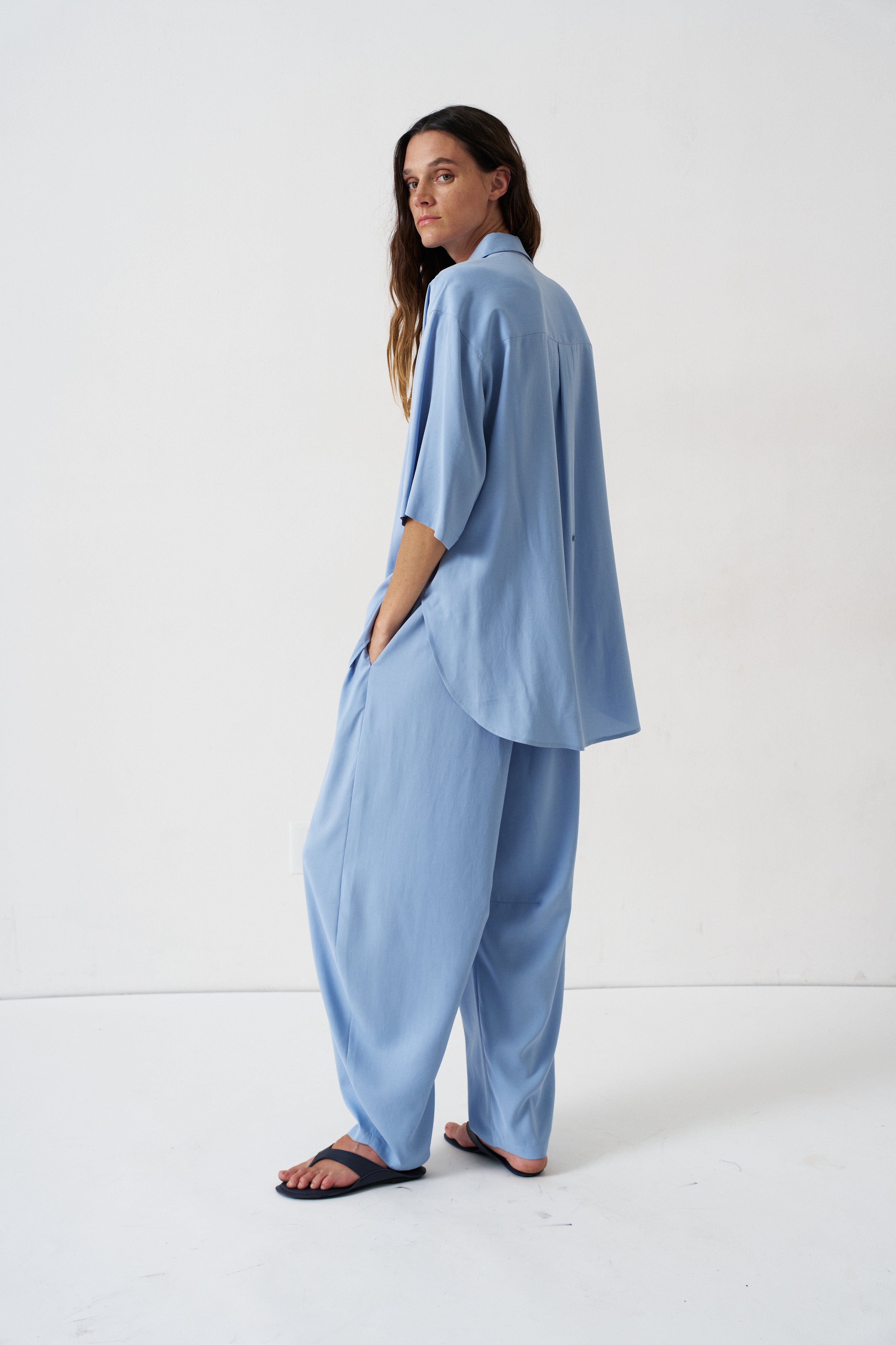 The Silk Arc Pant in Sky Blue