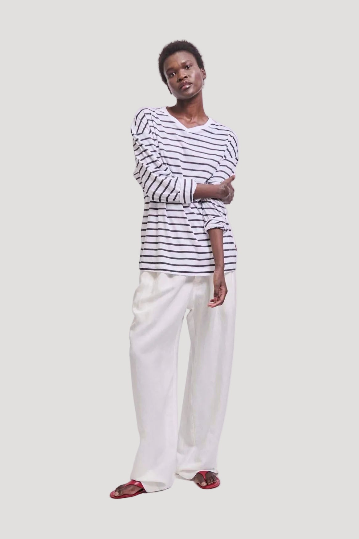 The High V Tee in White Stripe