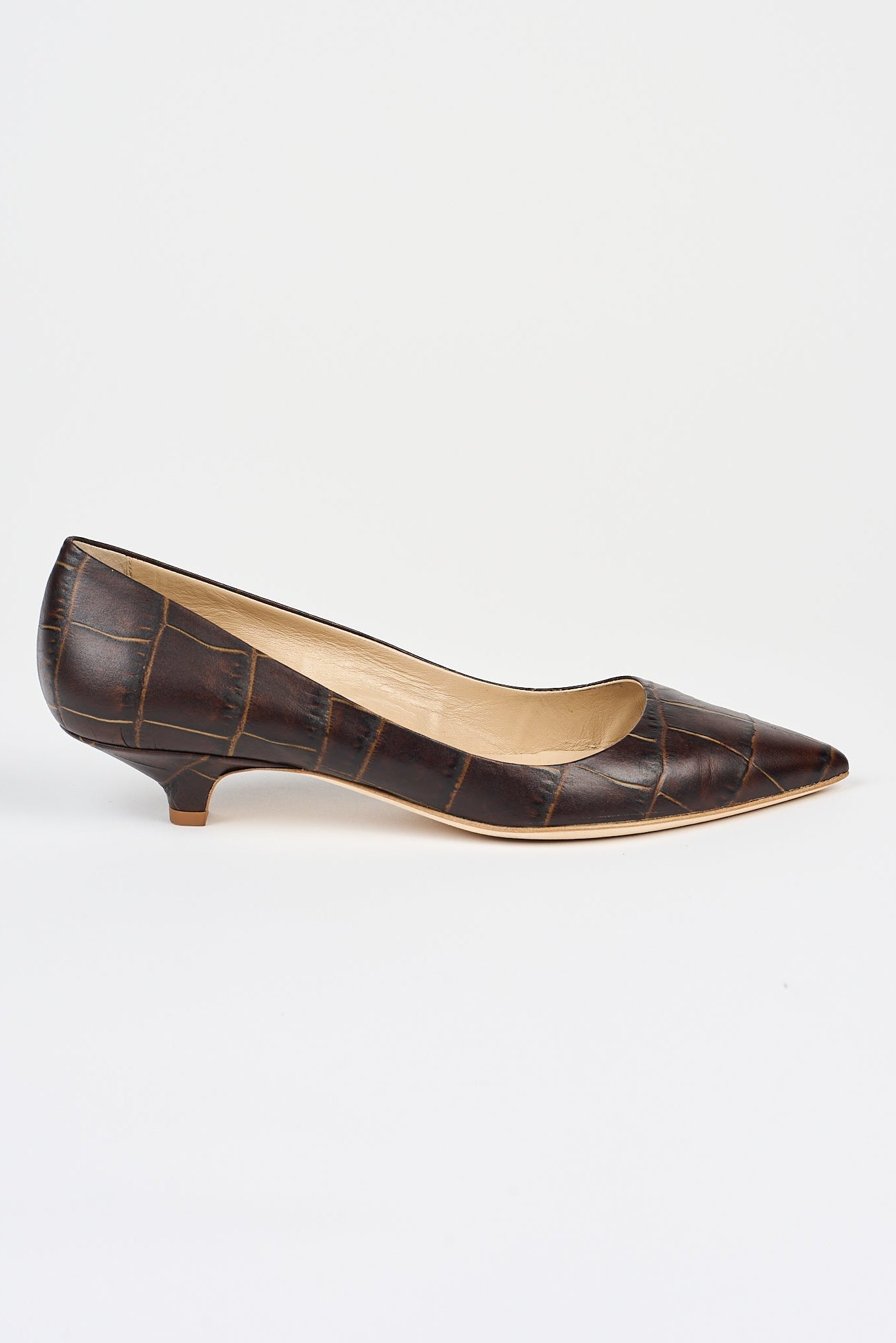 The Kitty Point Heel in Deep Brown Croc Side View