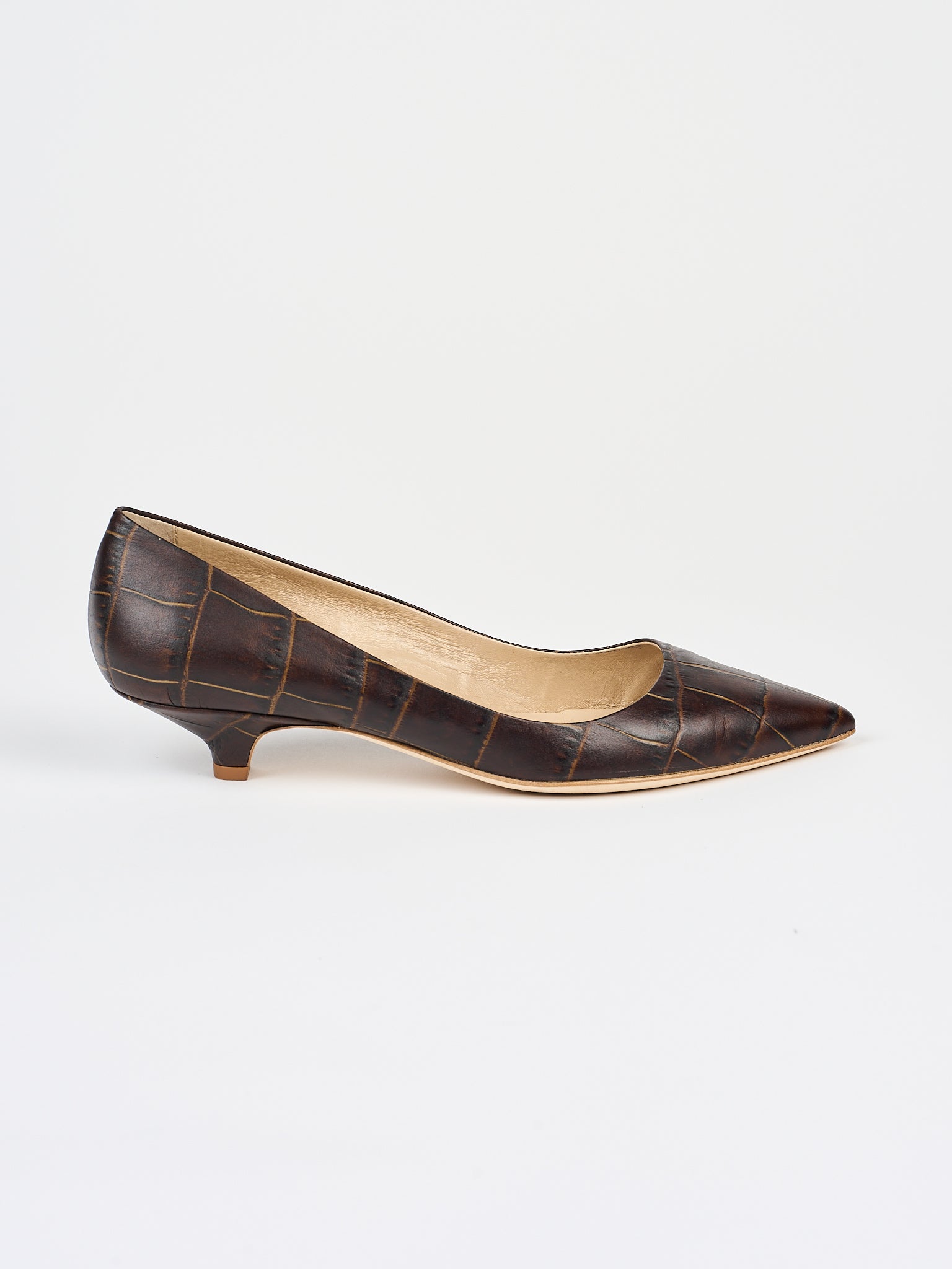 The Kitty Point Heel in Deep Brown Croc Side View