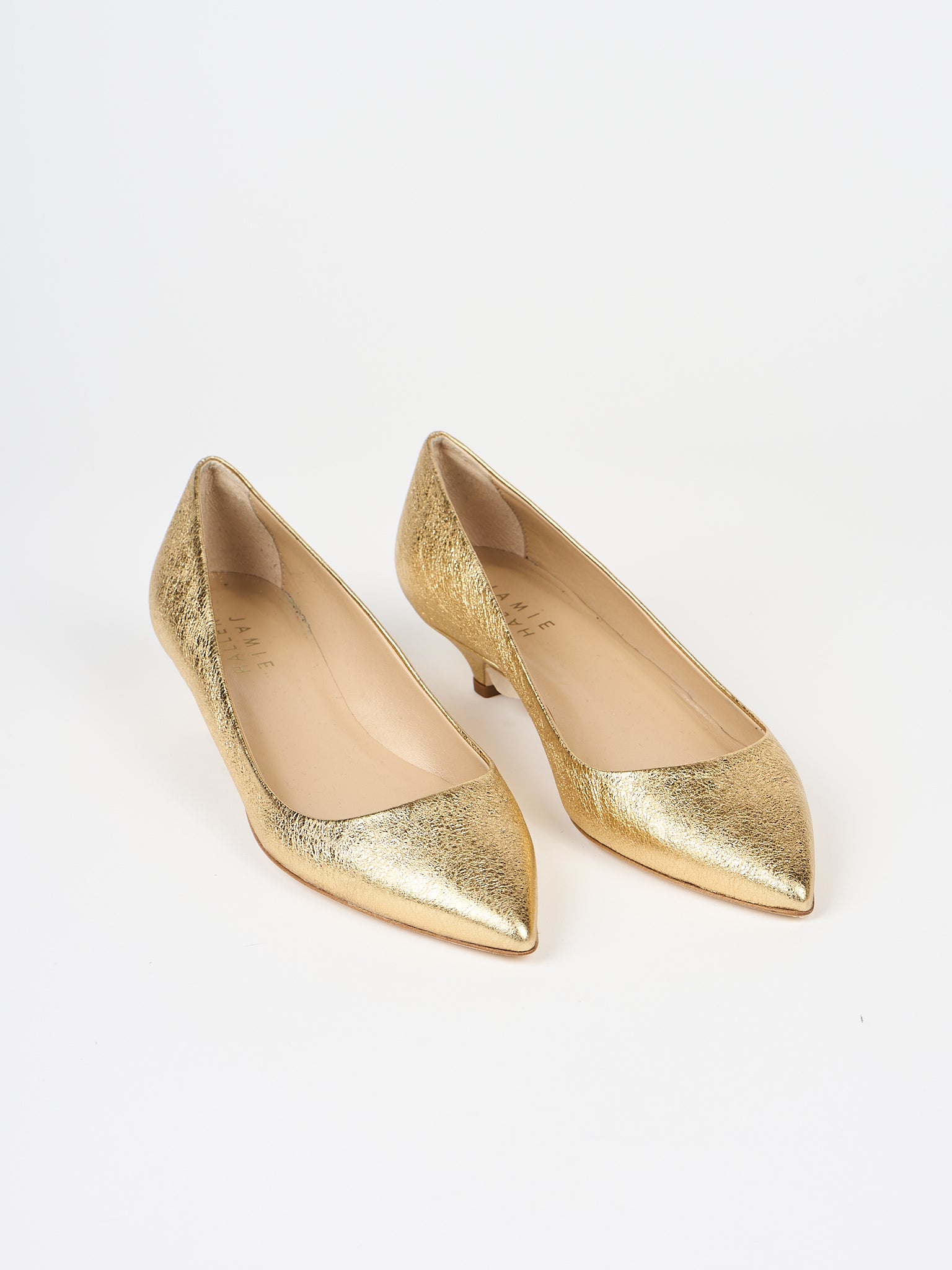 The Kitty Point Heel in Warm Gold Angled Front