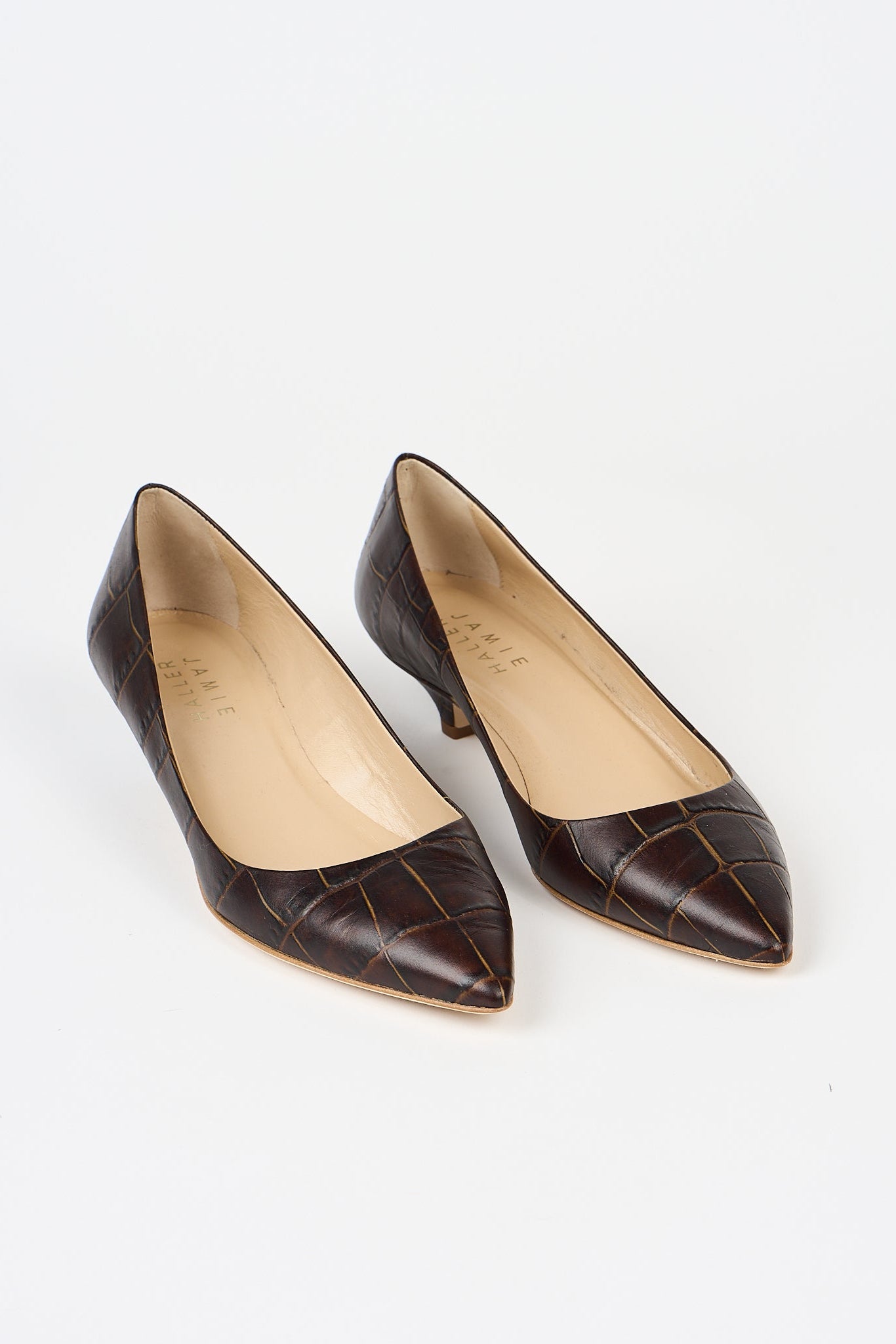 The Kitty Point Heel in Deep Brown Croc Angled Front View