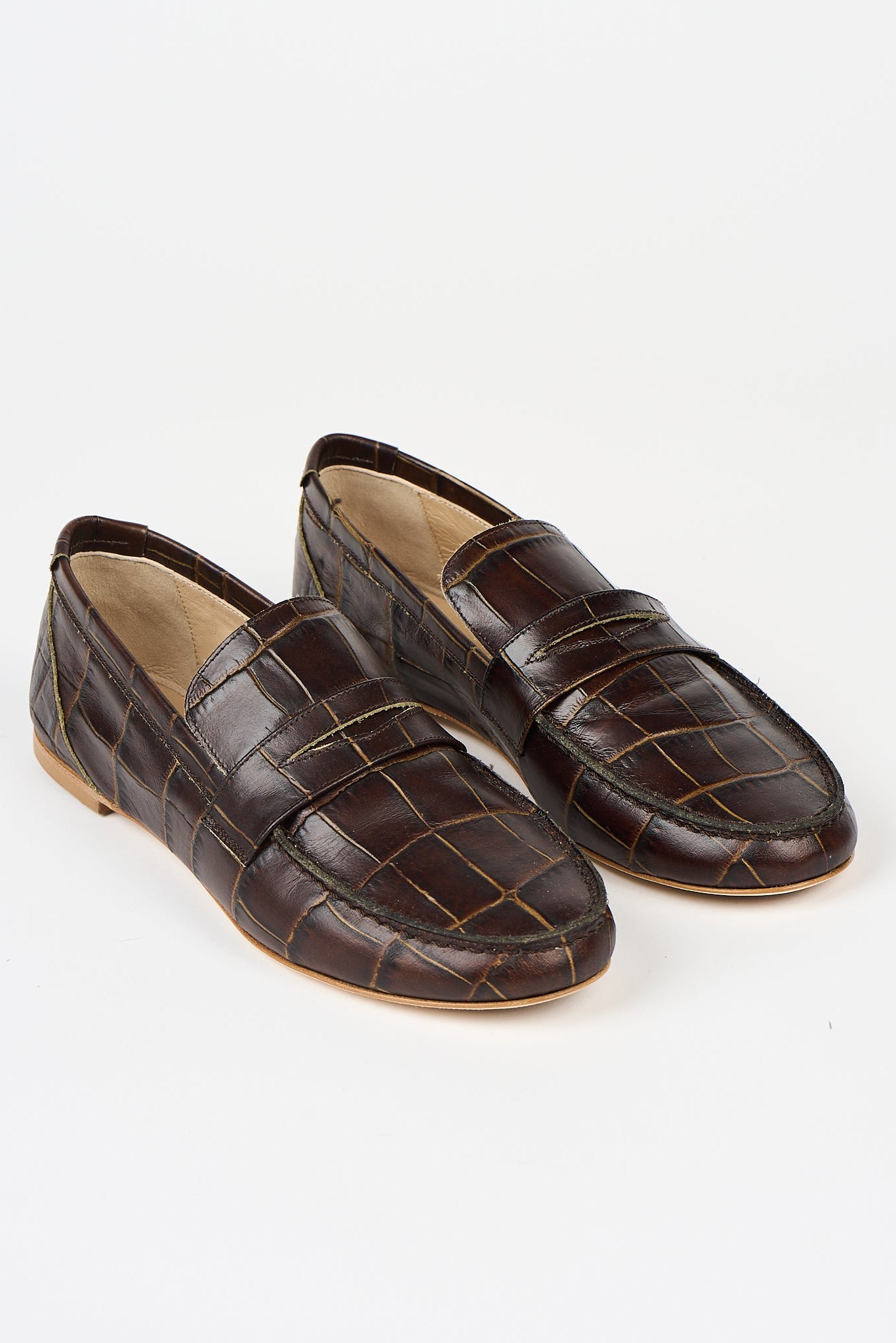 The Penny Loafer in Deep Brown Croc Angled Front