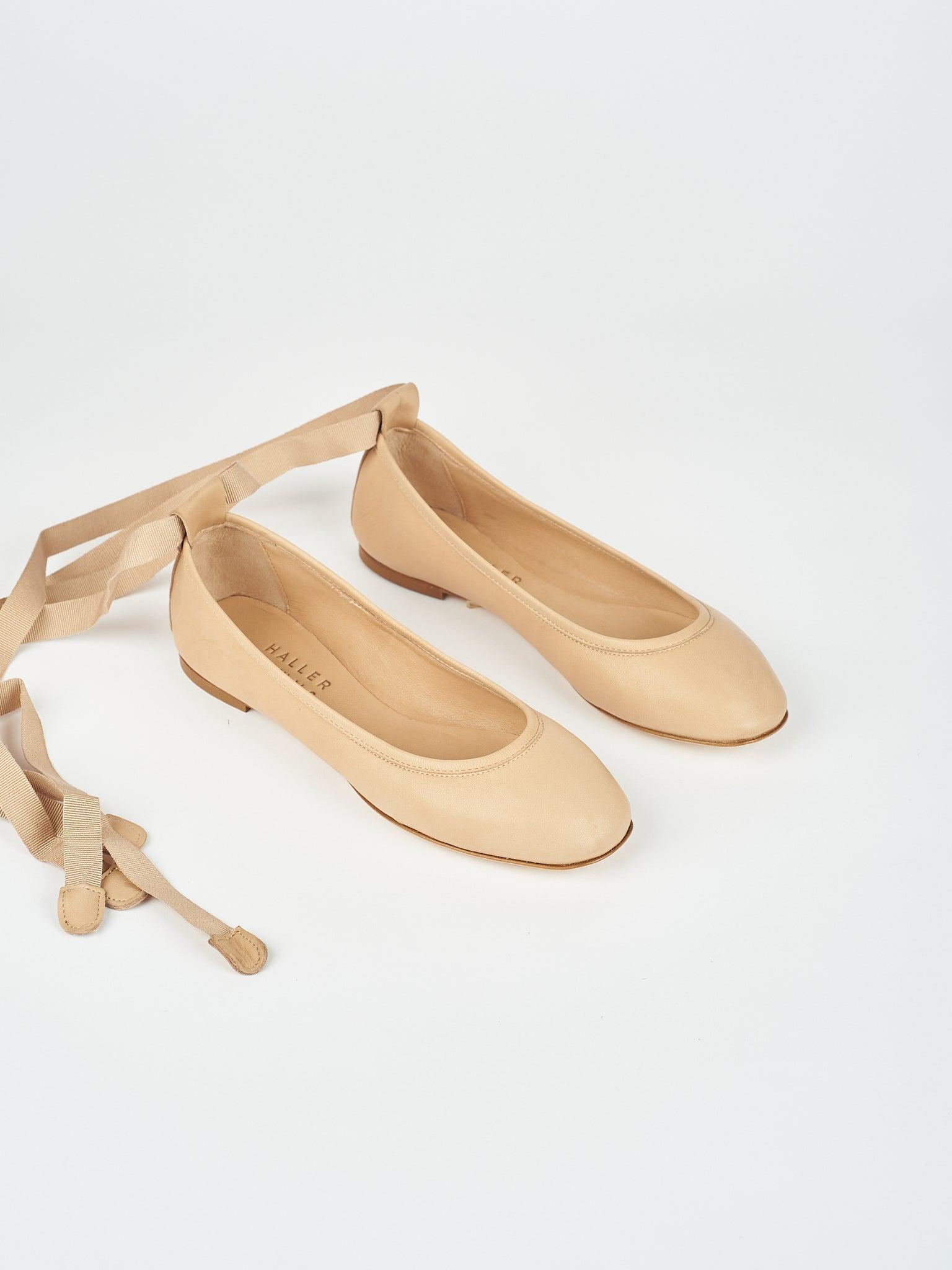 The Point Ballet in Soft Tan Angled Front View With Ties