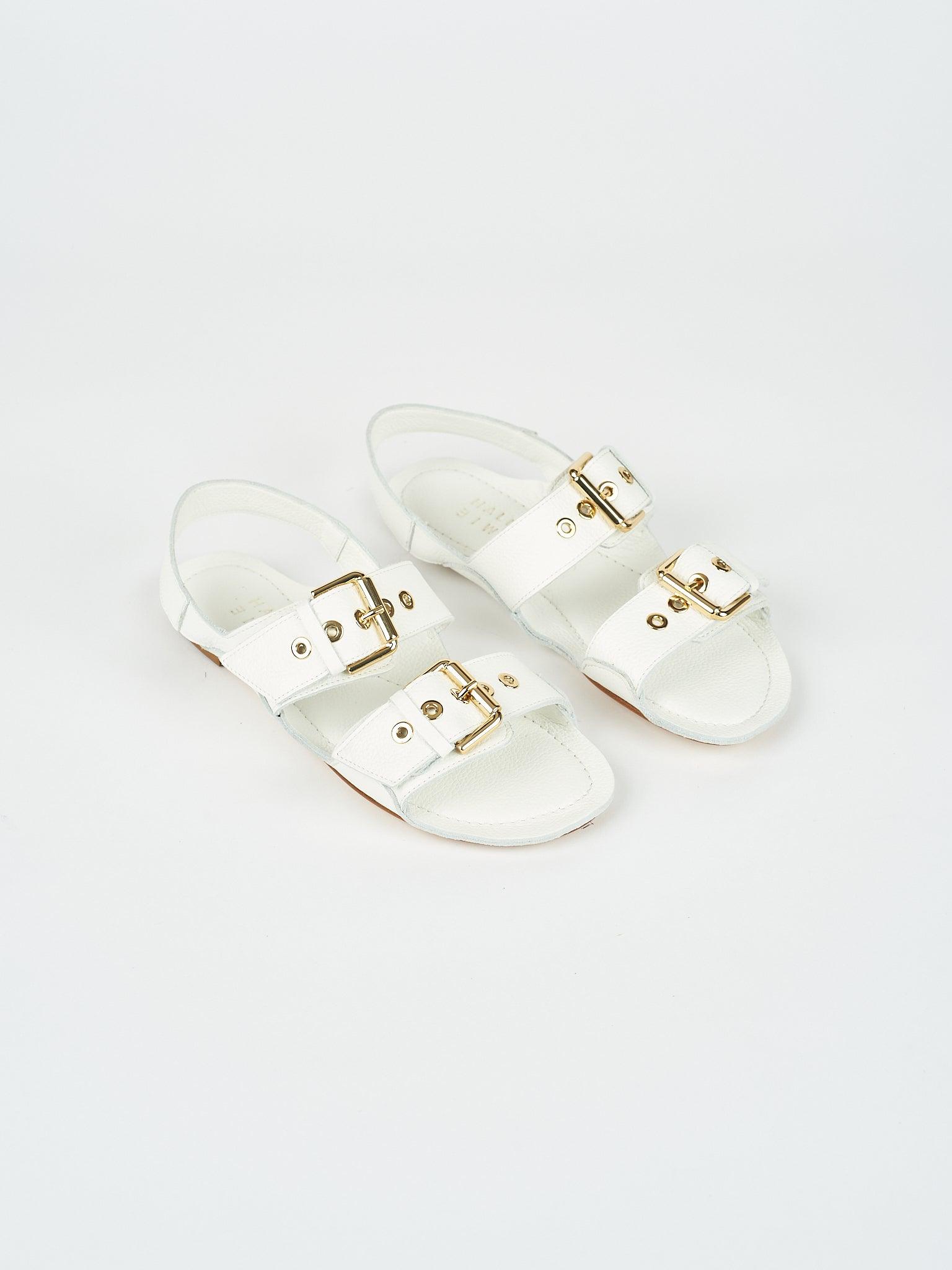 Double Buckle Sandal in White Angled Front View