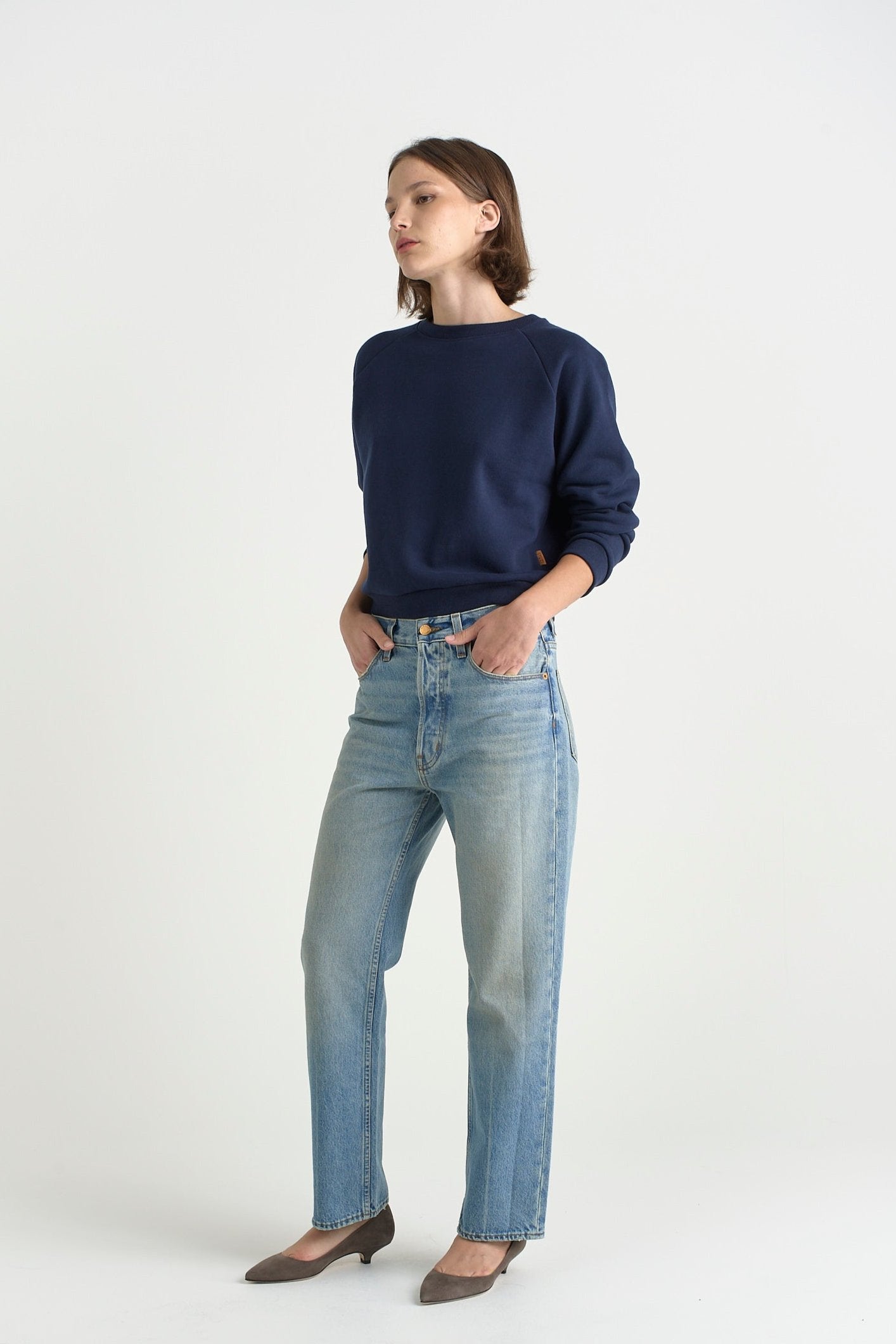 The Slouch in Worn Indigo. On body front - Jamie Haller