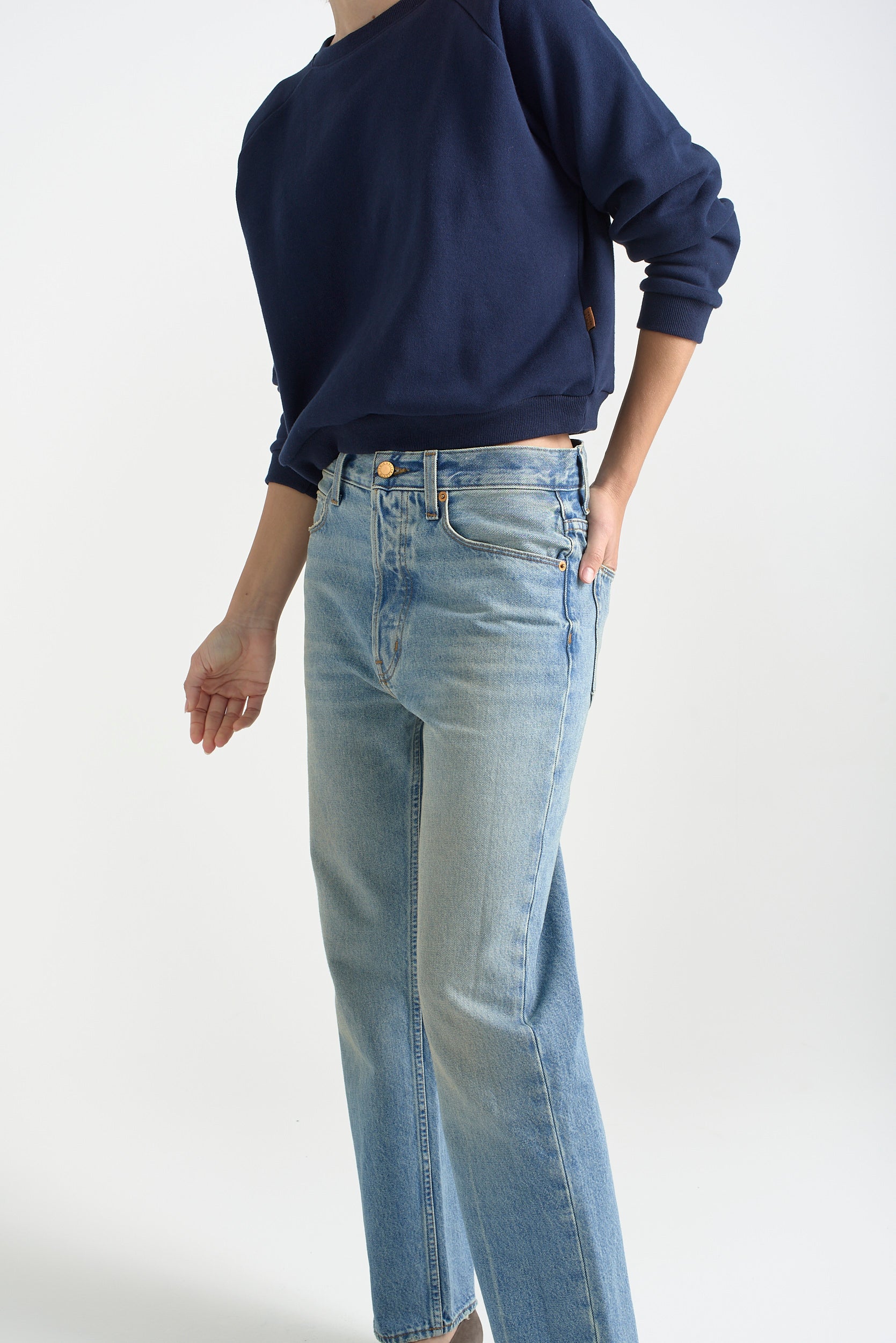 The Slouch in Worn Indigo. On body front - Jamie Haller