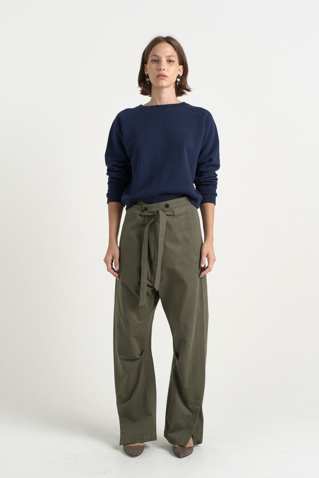 The Everything Pant in Olive. On body front - Jamie Haller