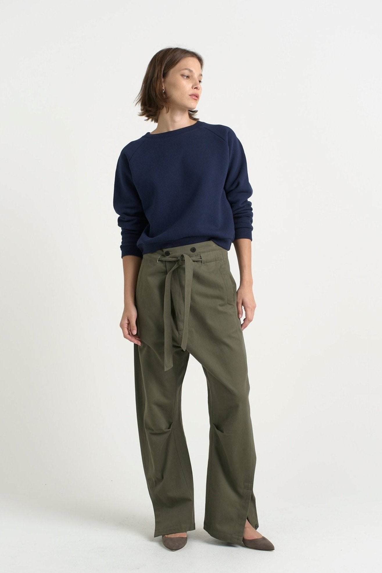 The Everything Pant in Olive. On body front - Jamie Haller