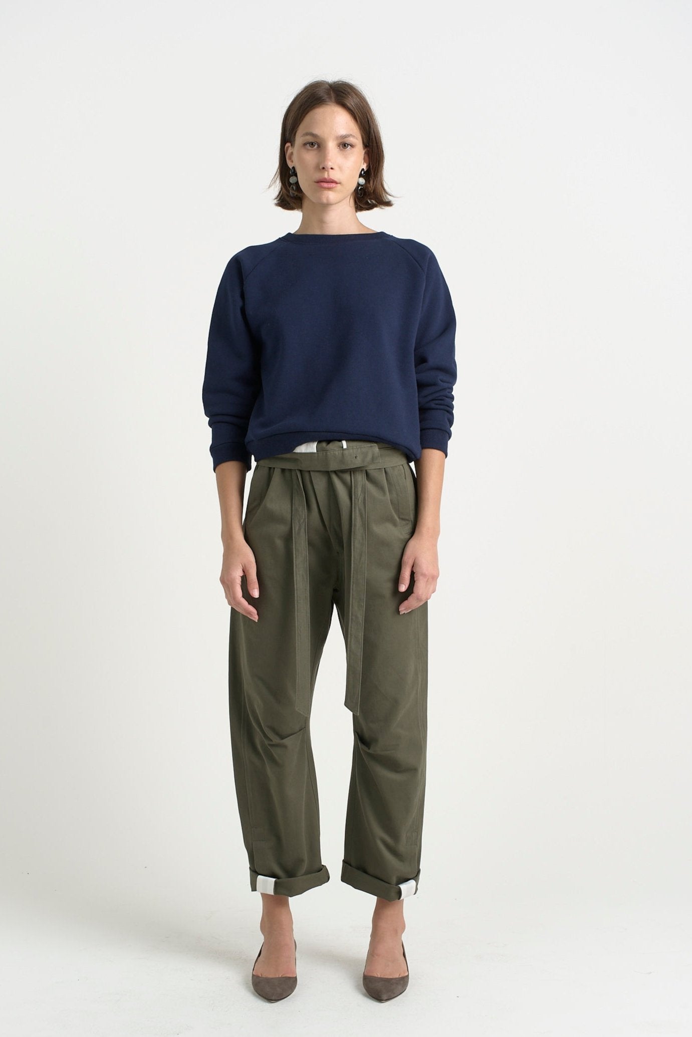 The Everything Pant in Olive. On body front - Jamie Haller