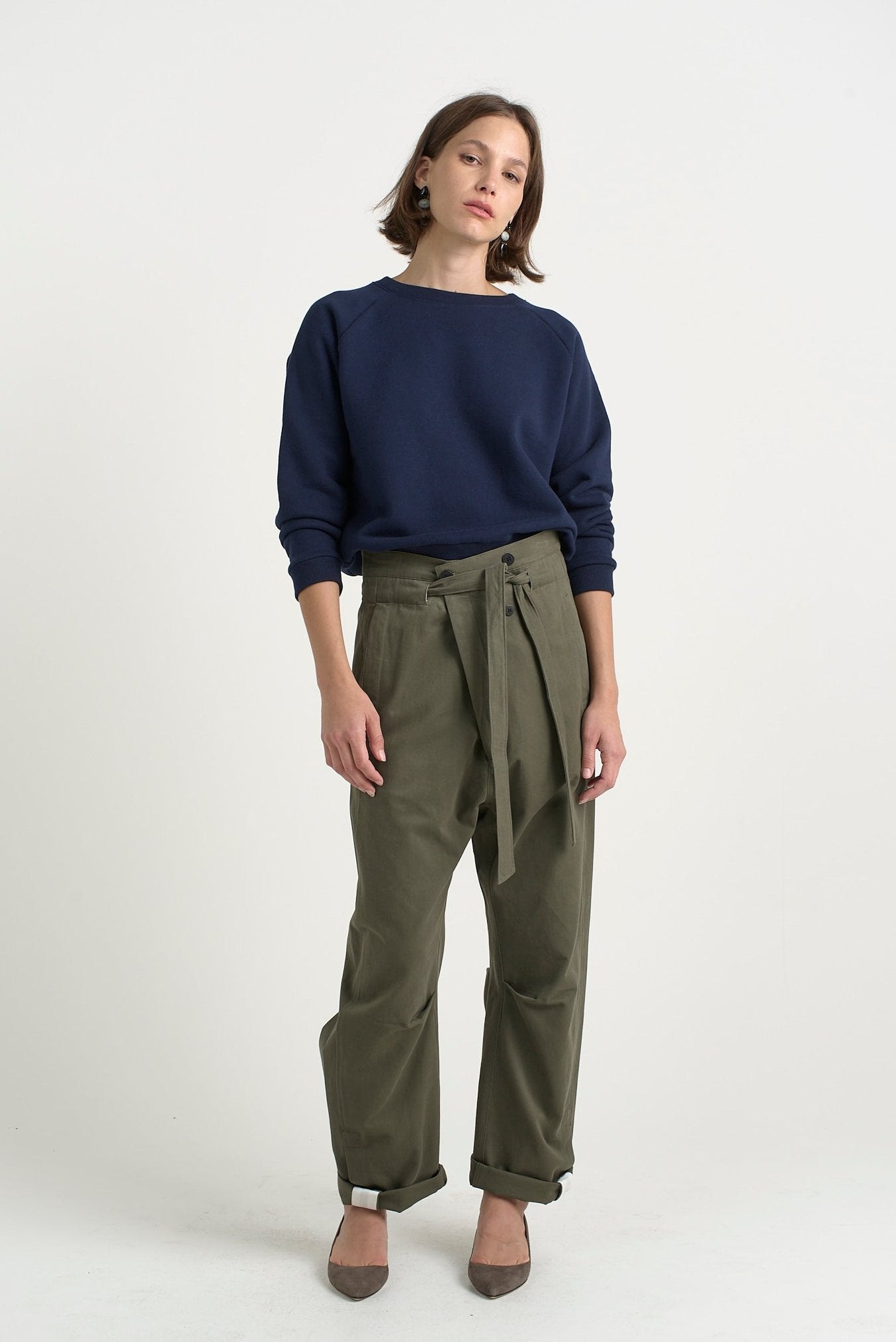 The Everything Pant in Olive. On body front - Jamie Haller