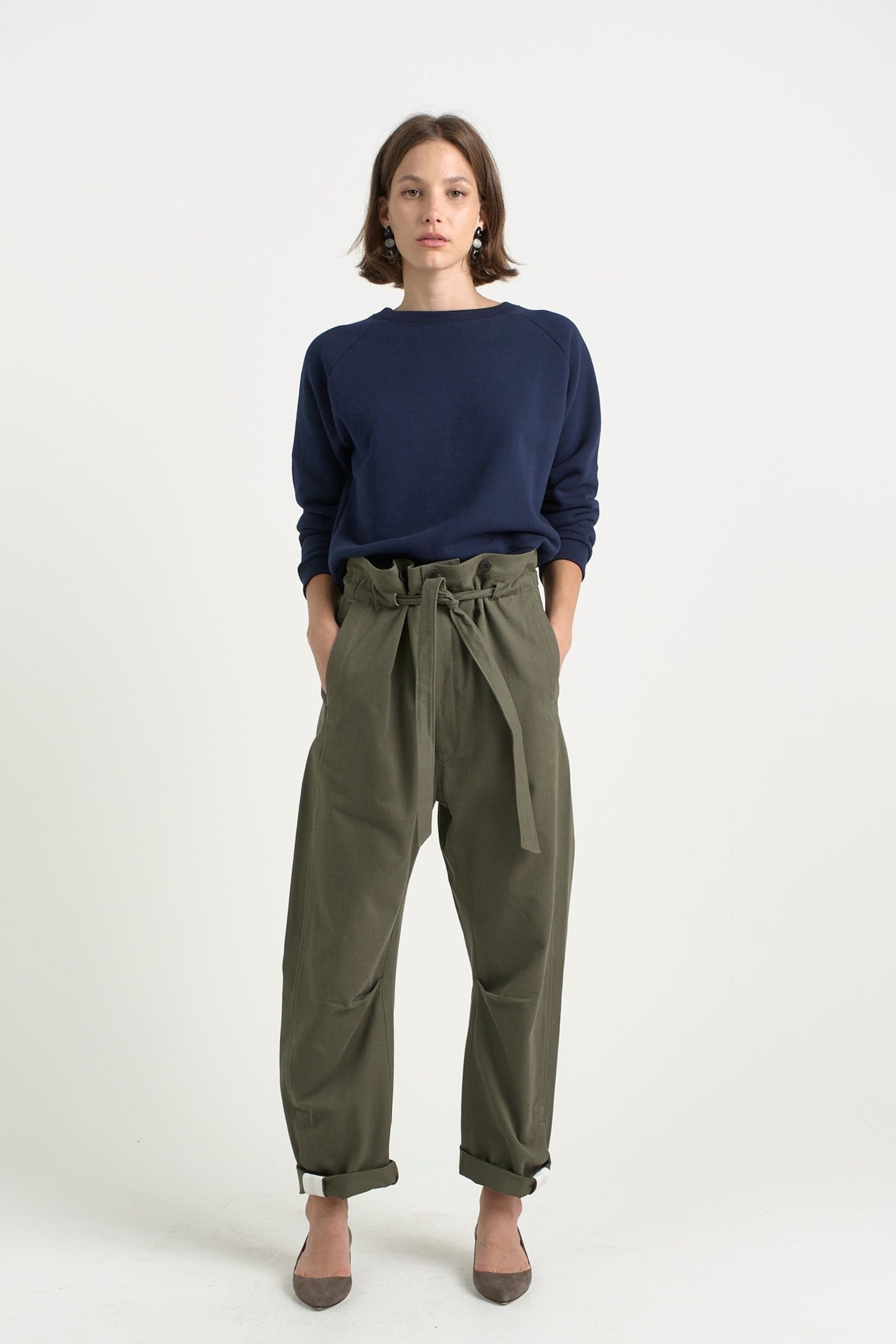 The Everything Pant in Olive. On body front - Jamie Haller