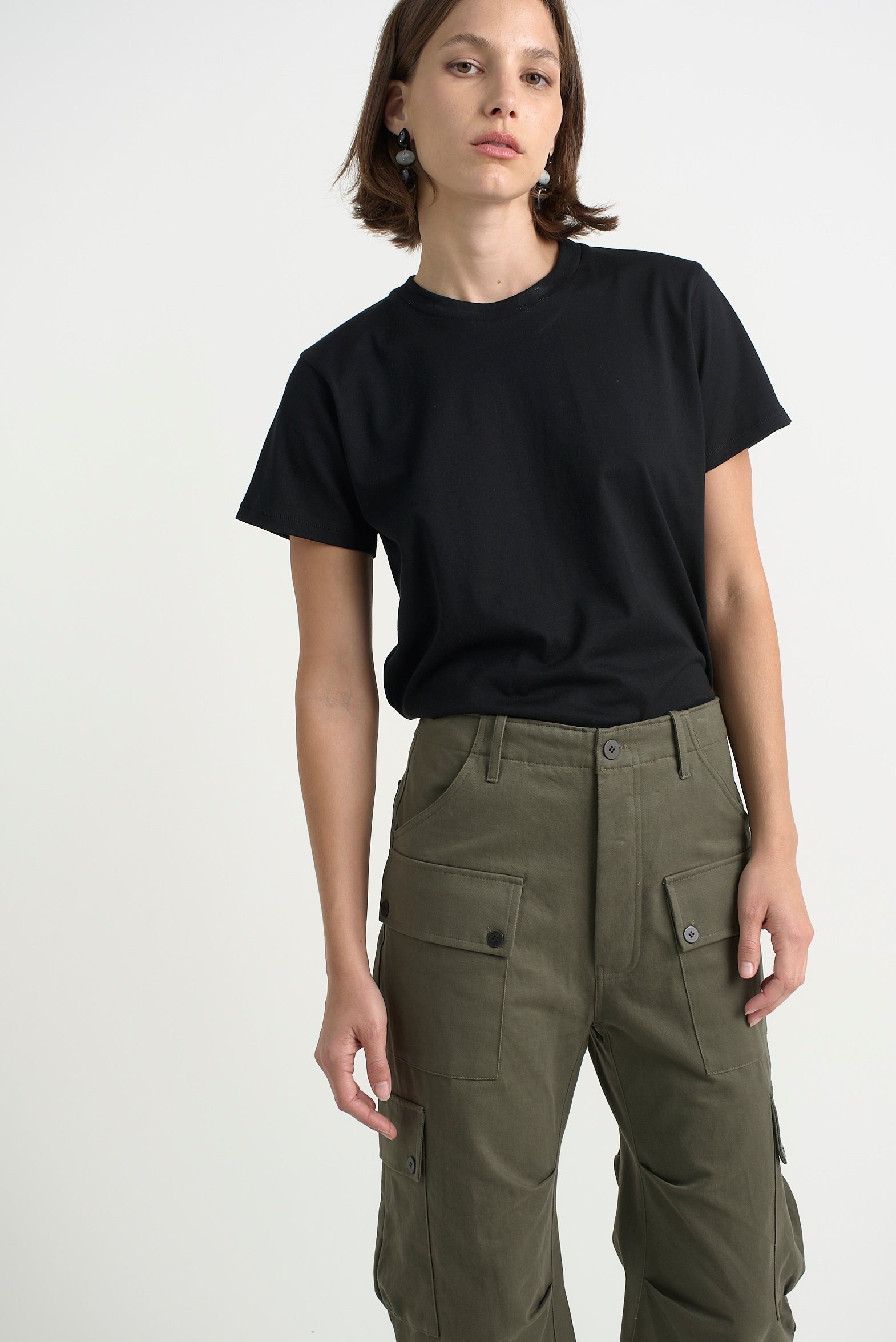 The Fatigues in Olive. On body front - Jamie Haller