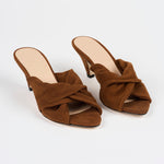 The Knot Heel in Chocolate Suede Angled Front View