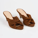 The Knot Heel in Chocolate Suede Angled Front View