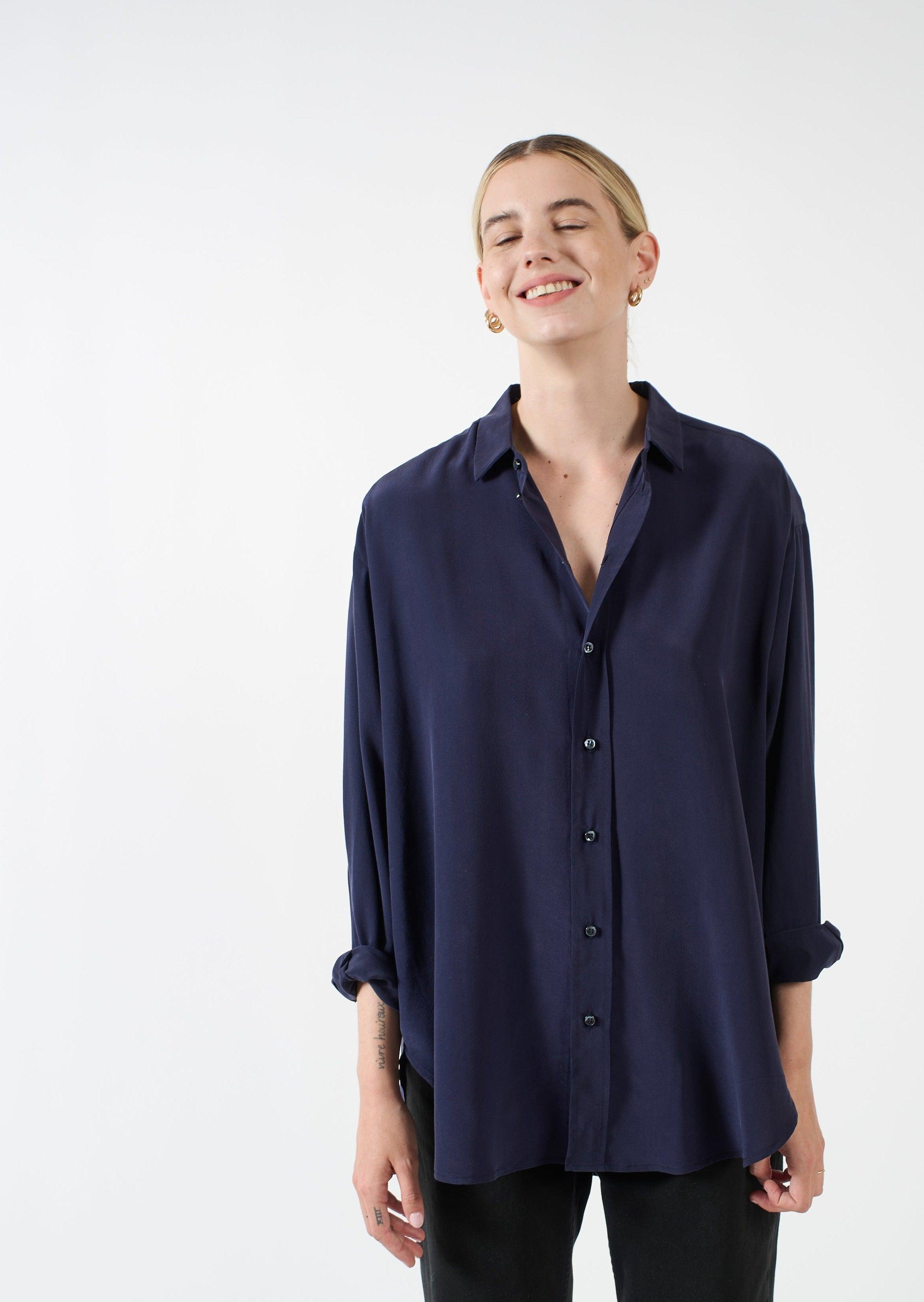The Essential Silk Blouse in Navy Front