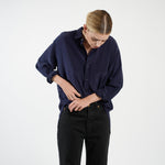 The Essential Silk Blouse in Navy Tucking it In