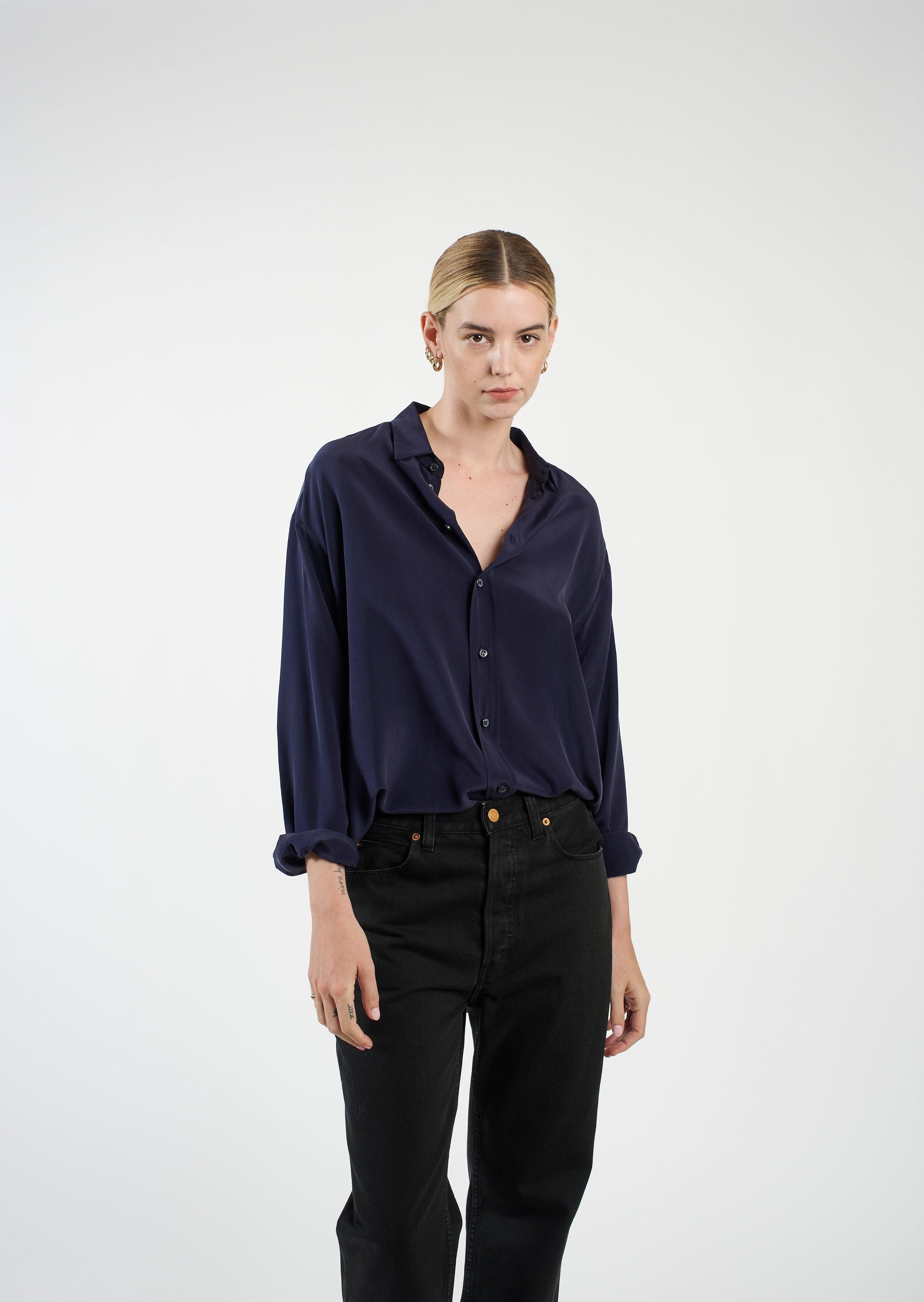 The Essential Silk Blouse in Navy Front View 4