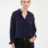 The Essential Silk Blouse in Navy Tucked In Front 