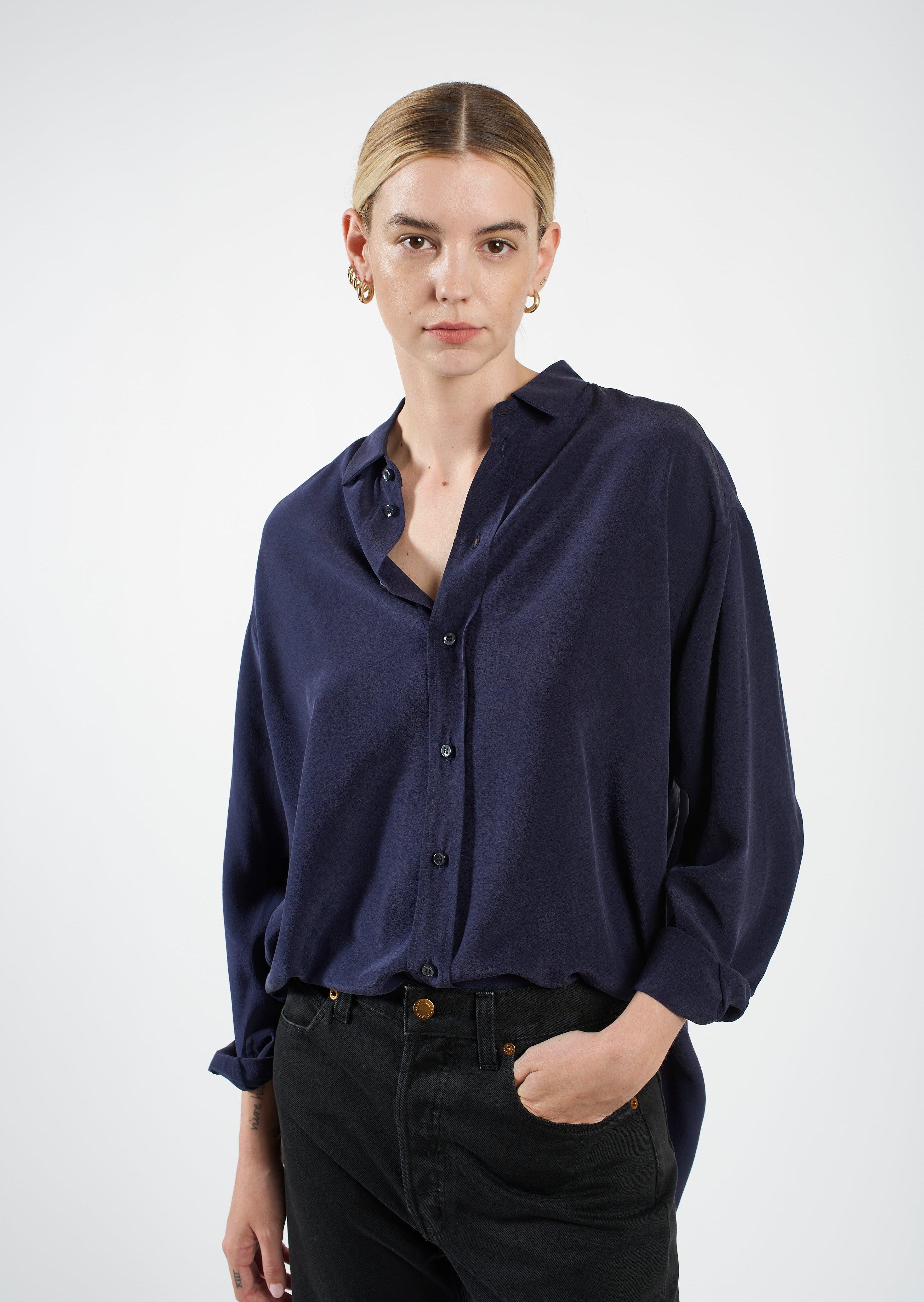 The Essential Silk Blouse in Navy Tucked In Front