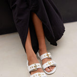 Double Buckle Sandal in White on Body Angled View